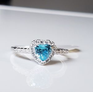 Genuine 925 Silver Lab Aquamarine Lucky Heart Ring
